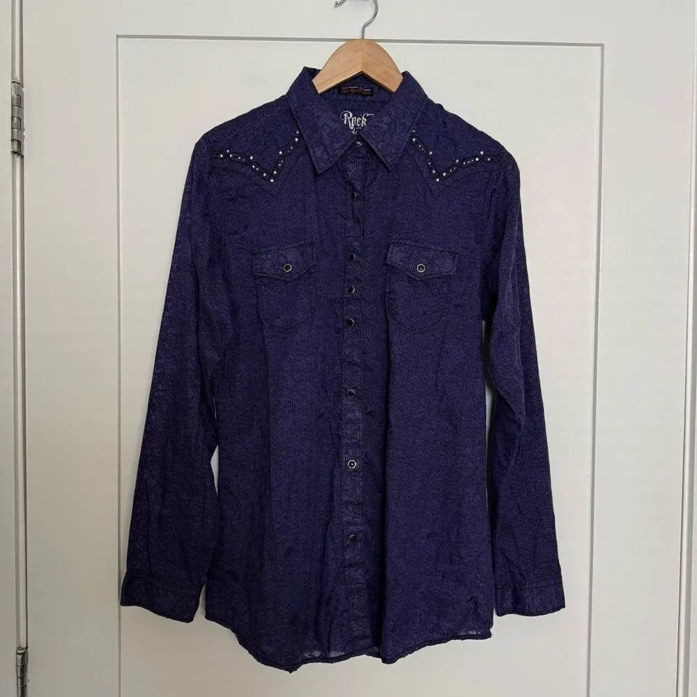 Rock 47 by Wrangler Shirt Women Sz L Purple Pearl Snap Rhinestone Western Rodeo
